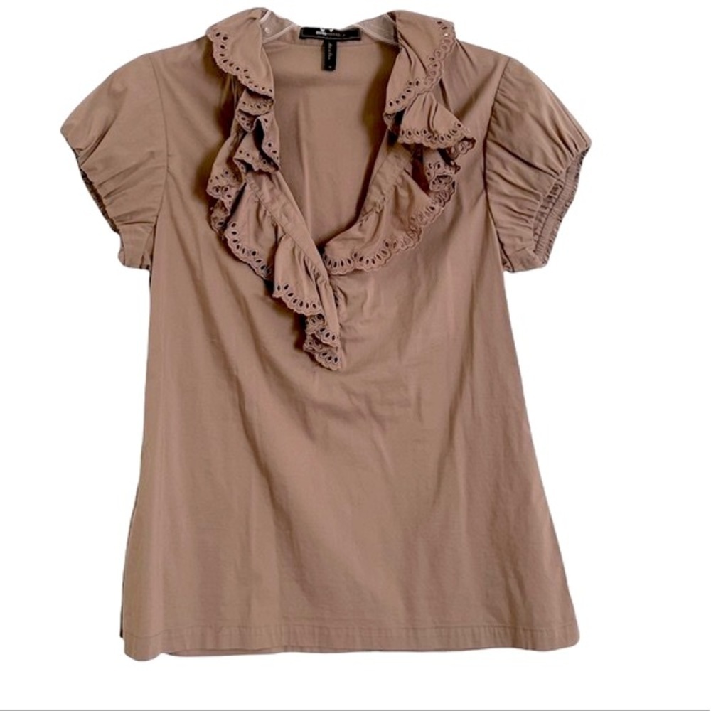 BCBG MaxAzria Taupe Ruffled Blouse Office Siren medium Cap Sleeve Coquette top - Picture 6 of 9